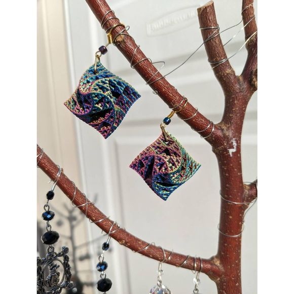 Color Changing Rainbow 3D Printed Warped Sierpinski Octahedron Earrings; fractal - Picture 6 of 8